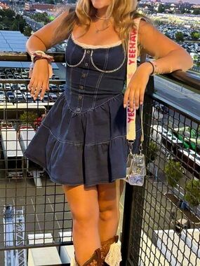 The Vintage Shop Blue Denim Dress with White Lace Trim